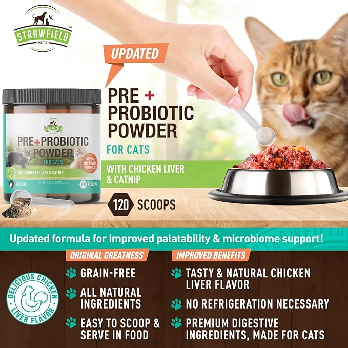 Strawfield Pets' Pre + Probiotic Powder for Cats with Catnip Probiotic for Cats Diarrhea Relief Supplement Natural Chicken Liver Flavor 120 grams / 120 Scoops