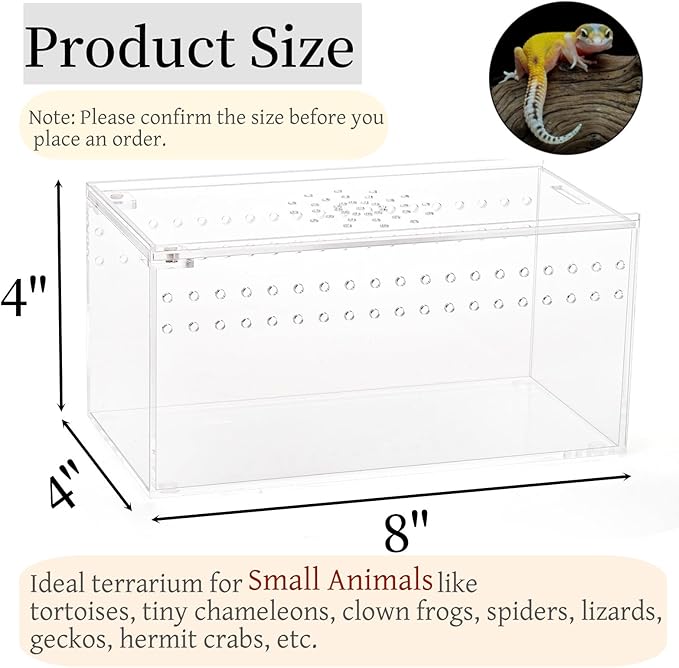 Magnetic Acrylic Reptile Terrarium, 8" x 4" x 4" Transparent Reptile Breeding Box, Feeding Small Tarantula Habitat Tank, Clear Flat Long Enclosure for Invertebrates Spider Scorpion Lizard