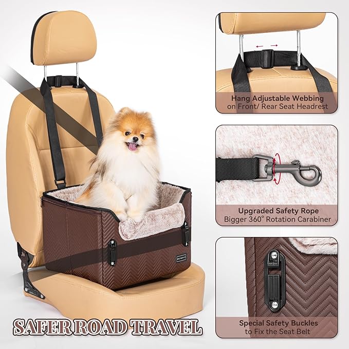 PETSFIT Car Seat for Dogs, Waterproof PU Leather Dog Car Seat for Small Dogs with Patent Safe Buckles, Clip-On Leash, Pet Travel Carrier Bed for Small Pets Up to 25lbs (Brown)