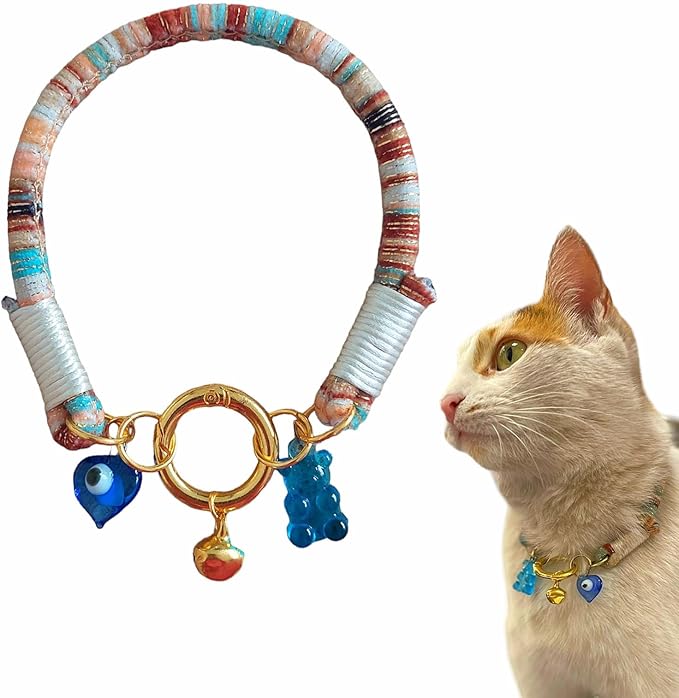 Cat Collar with Bell is Bohem, Evil eye beads for girls and boys cats,Small Breed Dogs cord accessory with charm tip (SOFT)