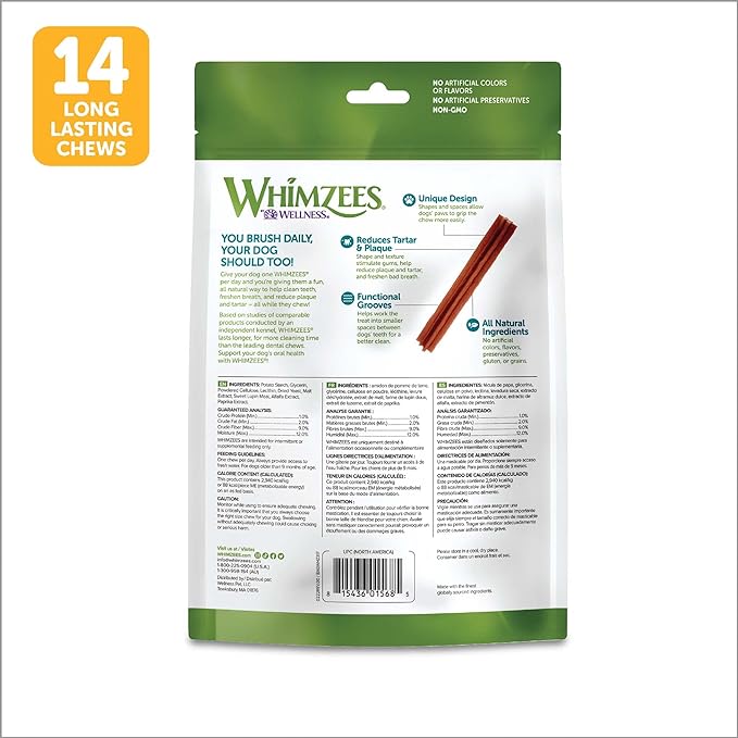 WHIMZEES by Wellness Stix Natural Dental Chews for Dogs, 3X Longer Lasting & Grain-Free, Freshen Breath & Fight Plaque & Tartar, Medium Breed, 14 Count