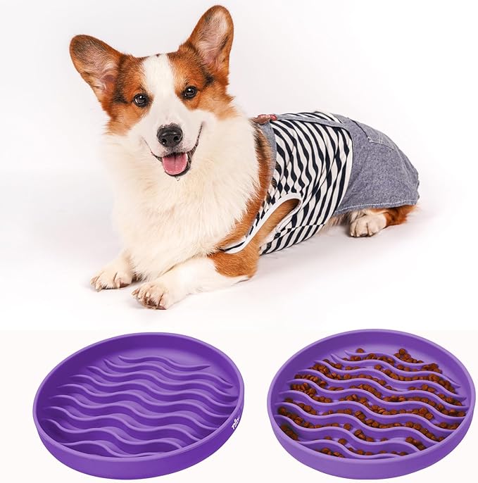 Slow Feeder Dog Bowls, Silicone Food Bowl Anti-Gulping, Pets Puppy Slow Feeder with Suction Cups, Dishwasher Microwave Safe for All Small Medium Dogs, Wave Design Purple