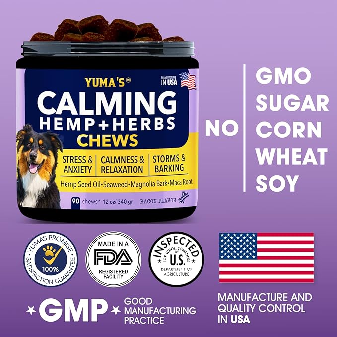 YUMA'S Hemp Calming Chews for Dogs - Advanced Dog Calming Treats - Dog Calming Chews - 45 Chews - Anxiety Relief Treats - Separation Aid, Barking, Stress Relief, Thunderstorms - Melatonin - Hemp Oil