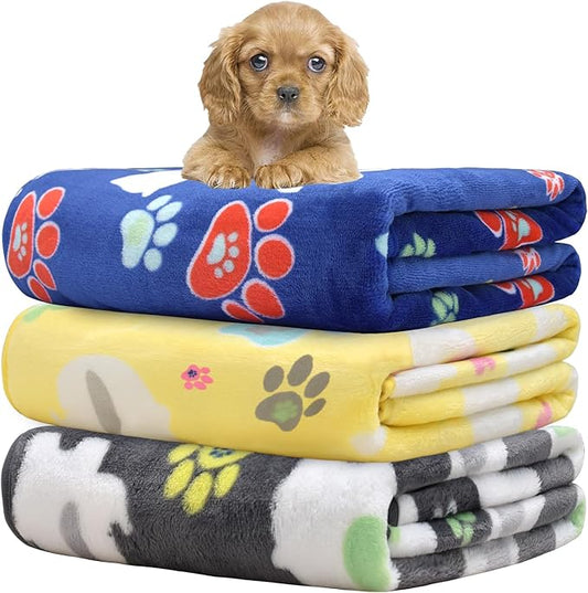 Dog Blankets for Small Dogs,1 Pack 3 Premium Soft Dog Puppy Blankets, with Flannel Cute Elephant Dog Paw, Small Cat Kitten Blankets, Grey/Blue/Yellow, 24x20 inch.