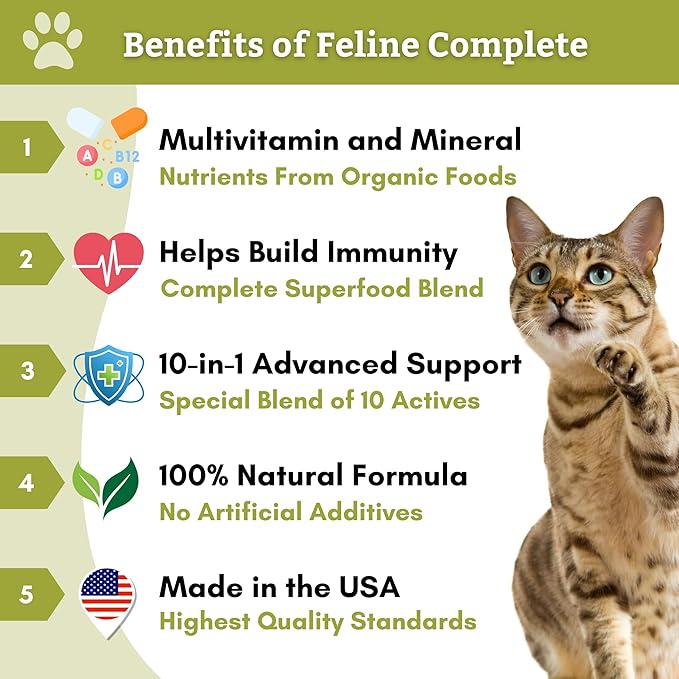 Wholistic Pet Organics Feline Complete: Cat Multivitamins Powder - 8 oz - Cat Probiotics for Indoor Cats - Immune Support Supplement for Cats - Essential Vitamins and Supplement for Cats Skin & Coat