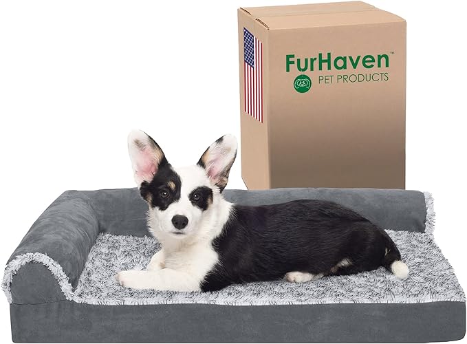 Furhaven Orthopedic Dog Bed for Medium/Small Dogs w/ Removable Bolsters & Washable Cover, For Dogs Up to 35 lbs - Two-Tone Plush Faux Fur & Suede L Shaped Chaise - Stone Gray, Medium