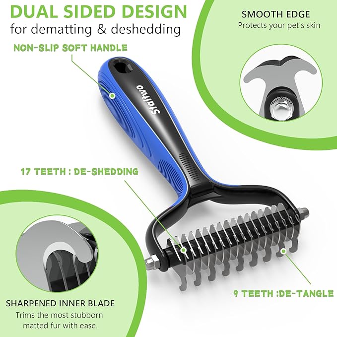 Pet Grooming Supplies - 2-in-1 Professional Undercoat Rake and Pet Brush | Shedding Control for Long-Haired Dogs and Cats, Deshedding Tool, Knot Removal,Blue