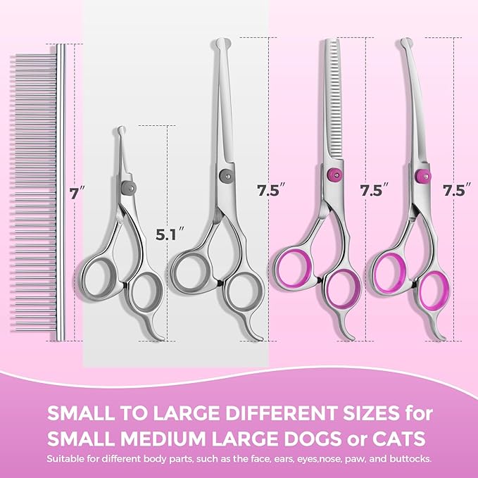 Maxshop Dog Grooming Scissors with Safety Round Tips, Heavy Duty Titanium Pet Grooming Trimmer Kit, Professional Thinning Shears, Curved Scissors with Comb for Dogs and Cats (Pink Set of 3)