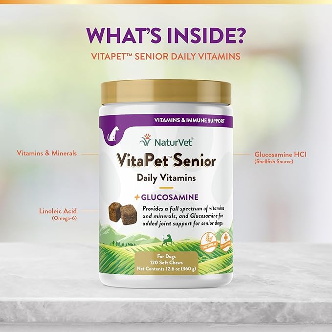 NaturVet VitaPet Senior Daily Vitamin Dog Supplements Plus Glucosamine – Includes Full-Spectrum Vitamins, Minerals – Joint Support for Older, Active Dogs – 120 Ct. Soft Chews