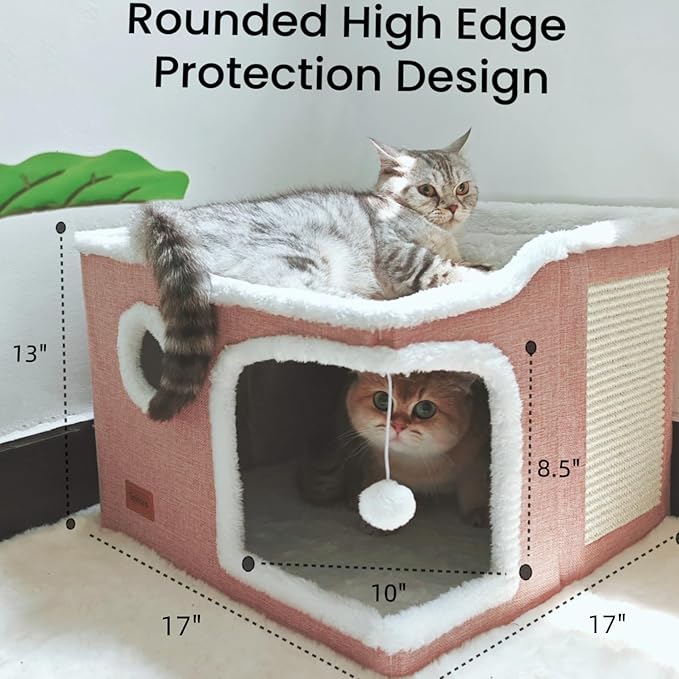 Large Cat Cave Bed for Indoor Cats, Cats Cube House with Scratch Pad Cat Condo Hideaway Tente Hut with Washable Sherpa Warm Soft Cat Mat, Cute Cat Beds Furniture, Modern Dog Bed,Pink