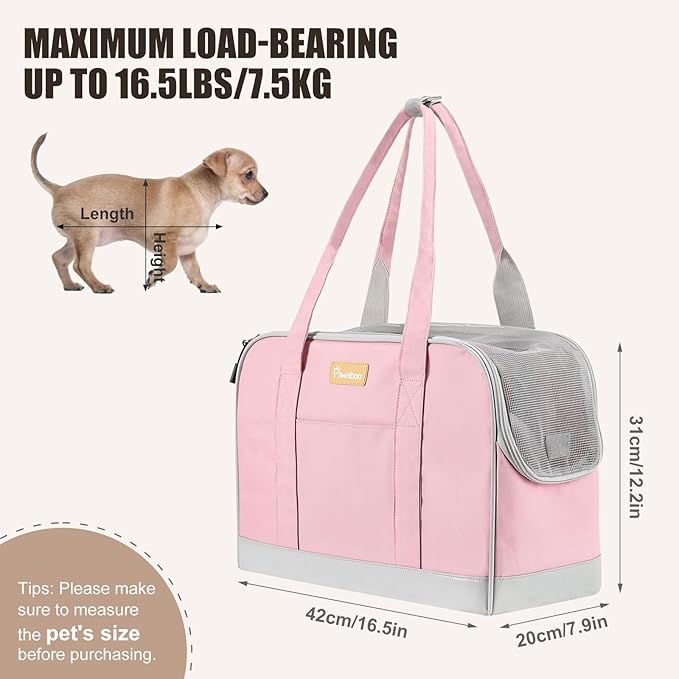 Pawaboo Dog Purse Carrier, Pet Carrier Tote with Pockets, Breathable Soft-sided Pet Bag with Adjustable Safety Tether Strap for Shopping Travel, Pet Carrier Purse for Small Medium Dog Cat, Pink