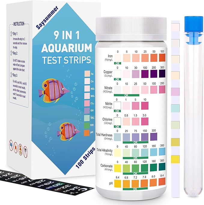 9 in 1 Aquarium Test Strips, 100 Strips Aquarium Test Kits for Freshwater Saltwater, Aquarium Water Test Kit, Pond Fish Tank Test Strips Testing Iron, Copper, Nitrite, Nitrate, pH, Carbonate and More