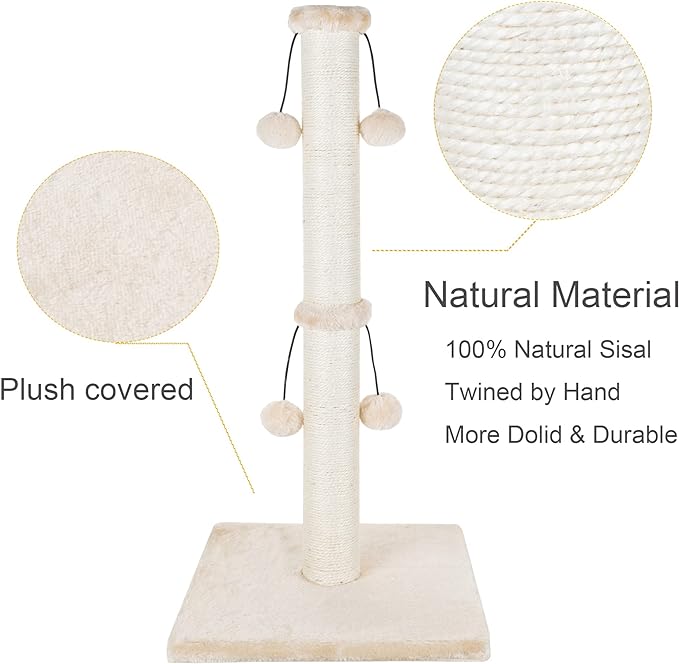 Dimaka 34'' Cat Scratching Post, Cat Scratching Post, Cat Scratcher for Large Cats with Teasing Toy Ball, Natural Sisal White and Grey (Beige)