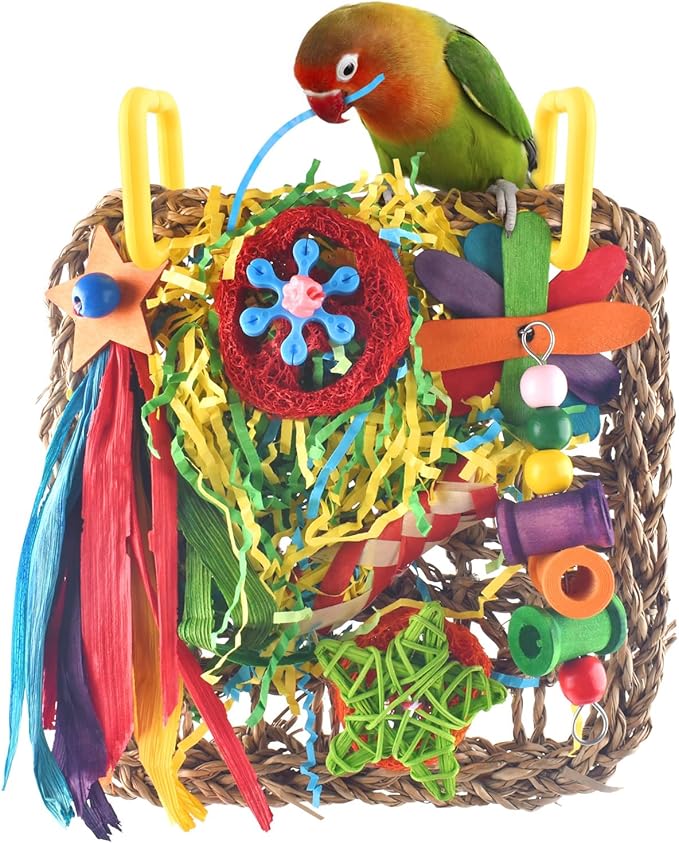 ERKOON Bird Cockatiel Toys Foraging Toys Hanging Parrot Toys for Lovebrid Parakeets Conures Bird Foraging Wall with Colorful Toys for Birds Shredding Seagrass, Birds Cage Toy Accessories