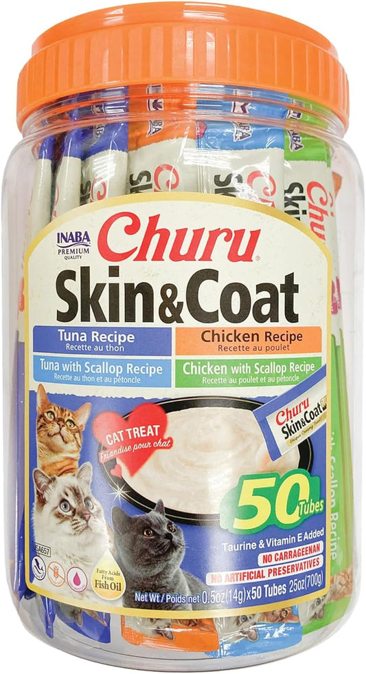 INABA Churu Lickable Purée Natural Cat Treats for Skin and Coat with Omega Oils, Taurine and Vitamin E, 0.5 Ounces Each Tube, 50 Tubes, Skin & Coat Variety