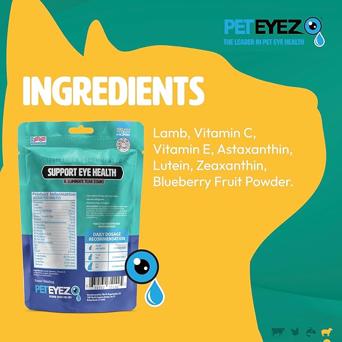 Pet Eyez Vitamin Treats for Cats - Tear Stain Remover - Eye Health Support - Reduces Itching & Allergies - Lamb Flavor - 1oz