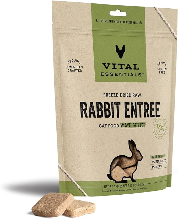 Vital Essentials Freeze Dried Raw Cat Food, Rabbit Mini Patties Entree, 3.75 oz