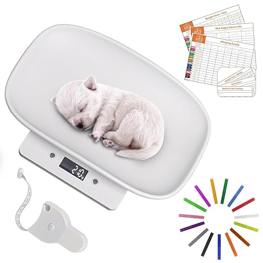 Puppy Scales 15KG Pet Scale - Digital Weighing Scale for Puppies, Babies, Small Animals -Tape Measure、Card、Collar,Unit Conversion (g/ml/oz/lb.oz)-Newborn Cats,Dogs,Hamsters,Kittens