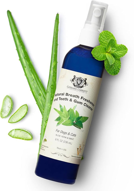 Gerrard Larriett: Natural Dog and Cat Breath Freshener - Dog Mouthwash with Mint, Aloe Vera, & Baking Soda - Gentle Cat & Dog Breath Spray for Plaque, Tartar Control for Full Pet/Dog Oral Care, 8 oz