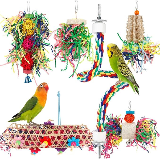 Bird Toys Bird Shredding Foraging Toys Parakeet Toy Chewing Hanging Toy Bird Shredded Paper Bird Cage Accessories Bird Rope Perch for Conure Cockatiel Budgies Lovebird Parrotlet (with Rope Perch)