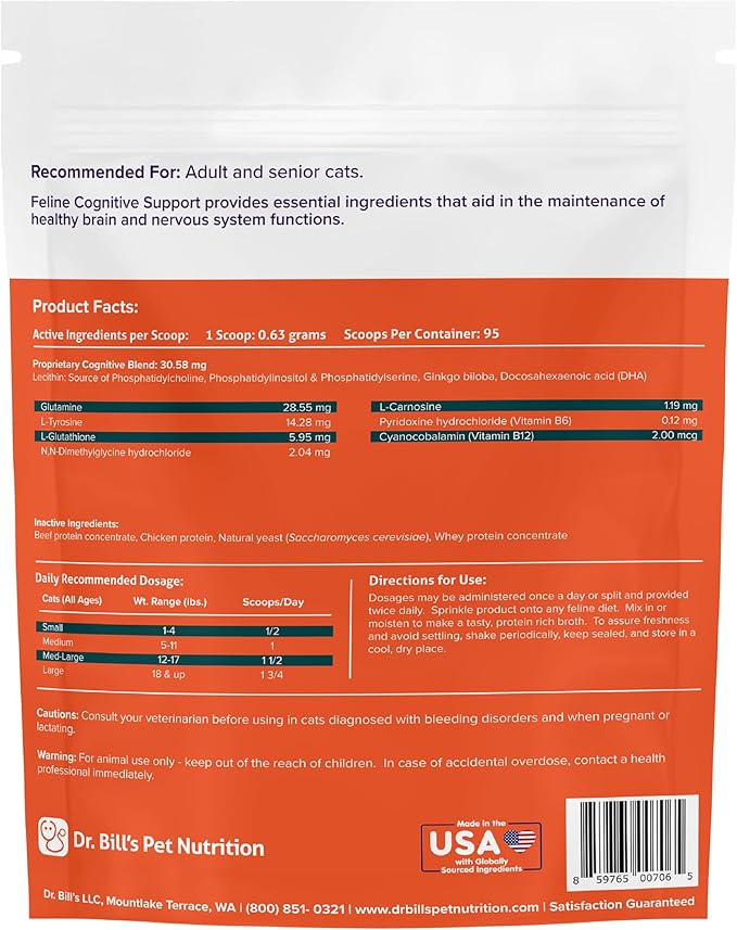 Dr. Bill's Feline Cognitive Support | Memory Support Supplement for Cats | Pet Supplement | Contains Gingko Biloba, L-Carnosine, Vitamin B-12, L-Glutamine, L-Tyrosine, and DHA