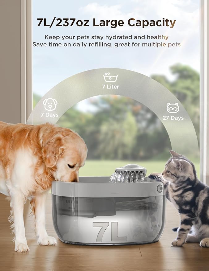 7L/1.8Gal Dog Water Fountain for Large Dog, FEELNEEDY Dog Water Bowl Dispenser Pet Water Fountain, Water Dispenser for Dogs with Ultra Quiet Pump for Multiple Cats, Dogs, Pets (FN-W05, Grey)