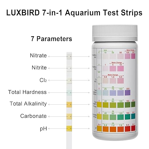 7 in 1 Aquarium Test Kit, Fish Tank Test Strips, 100 Strip Pack, Freshwater Aquarium Water Test Kit to Detect Nitrite Nitrate Chlorine Carbonate Total Alkalinity Hardness pH