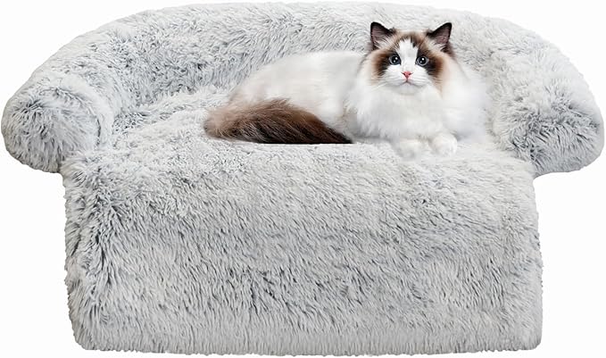 Calming Dog Bed Fluffy Plush Dog Mat for Furniture Protector with Removable Washable Cover for Large Medium Small Dogs and Cats (XS (31"x27.5"x5"), Grey)