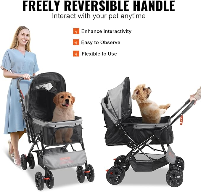 VEVOR Dog Cat Stroller for Medium Small Dogs Cats Up to 44lbs, 4 Wheel Foldable Pet Stroller with Reversible Handle, Portable Lightweigh Puppy Doggy Doggie Jogging Stroller with Storage Basket