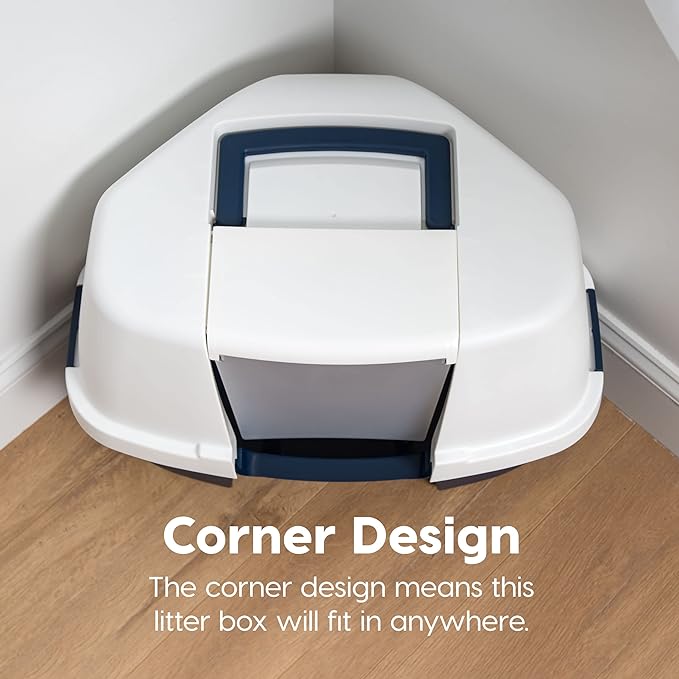 IRIS USA Large Corner Cat Litter Box Enclosure with Front Door Flap and Scoop, Hooded Kitty Litter Tray with Easy Access Lift Top Handle and Buckles for Portability and Privacy, Navy/White