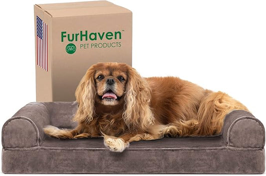 Furhaven Cooling Gel Dog Bed for Medium/Small Dogs w/ Removable Bolsters & Washable Cover, For Dogs Up to 35 lbs - Faux Fur & Velvet Sofa - Driftwood Brown, Medium