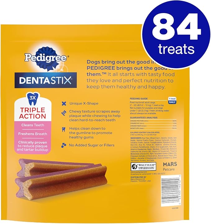 PEDIGREE DENTASTIX Dual Flavor Small Dog Dental Treats, Bacon & Chicken Flavors Dental Bones, 18.24 oz. Pack (84 Treats)