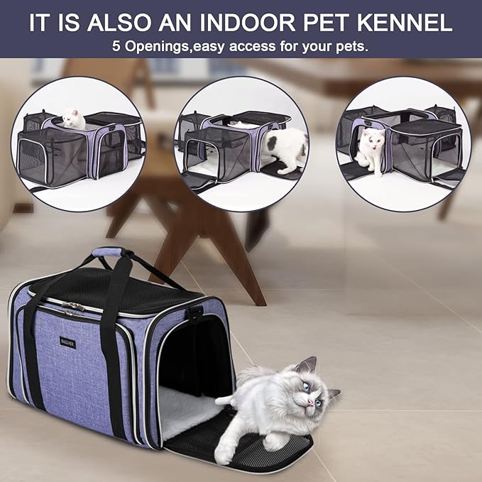 BAGLHER Cat Carrier Bag,Airline Approved Pet Carrier Soft Side Pet Travel 5 Sides Open Doors 3 Sides Expandable Foldable Dog Carrier with Fleece Pad