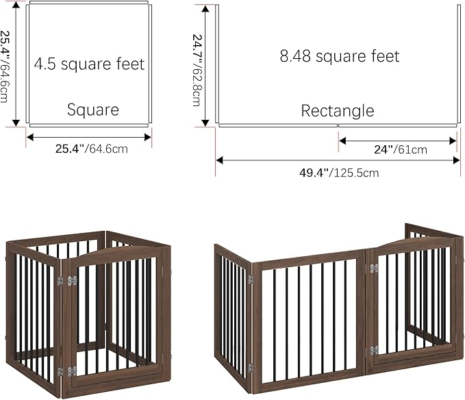 Folding Pet Gate 96" Wide, 30" Tall No-Assembly Wooden Dog Gate with Door Walk Through, Freestanding Pet Gate, Puppy Safety Fence, with 2PCS Support - Brown