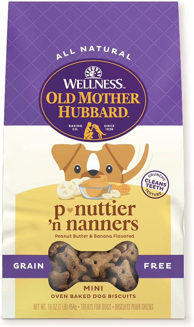 Old Mother Hubbard by Wellness Classic P-Nuttier 'N Nanners Grain Free Natural Dog Treats, Crunchy Oven-Baked Biscuits, Ideal for Training, Mini-Size, 16 ounce bag