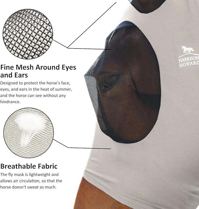 Harrison Howard Super Comfort Stretchy Fly Mask Large Eye Space with UV Protection Soft on Skin with Breathability Gentle Grey S Pony