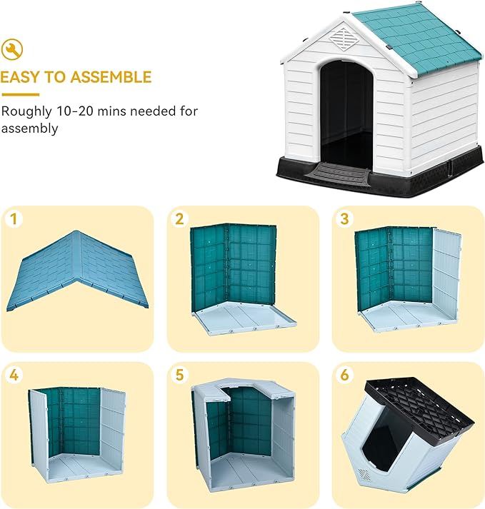 DWVO Large Outdoor Dog House, Plastic Doghouse with Air Vents and Ground Nails, Insulated Water Resistant Puppy Shelter for Small Medium Dogs (41''L x 38''W x 39''H, Green)