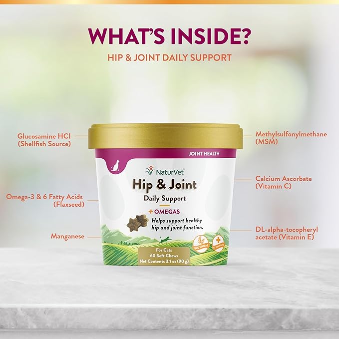 NaturVet – Hip & Joint for Cats Plus Omegas – 60 Soft Chews – Help Supports Healthy Hip & Joint Function – Enhanced with Antioxidants, Omega-3 & 6 Fatty Acids – 30 Day Supply
