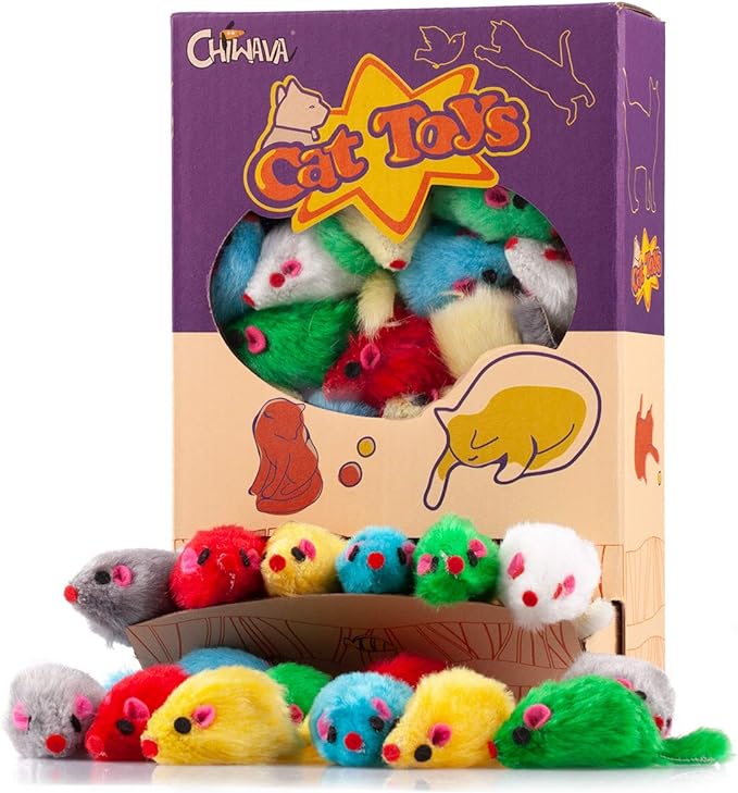 CHIWAVA 36PCS 4.1'' Furry Cat Toy Mice Rattle Small Mouse Kitten Interactive Play Assorted Color