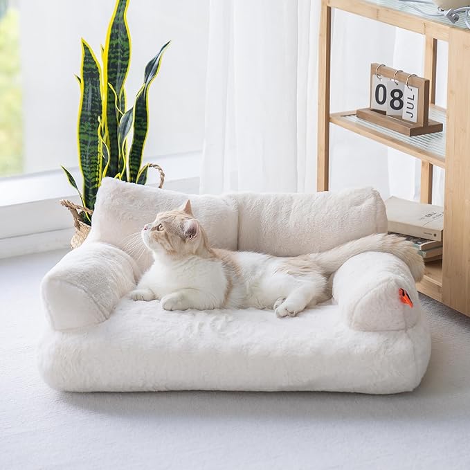 Pet Bed for Medium Small Cats and Dogs, Washable Puppy Sleeping Bed Cat Couch Pet Sofa Bed, Soft Calming Cat Sofa Beds for Indoor Cats Anti-Slip Bottom (White)