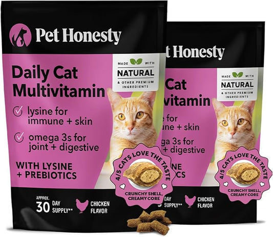 Pet Honesty Cat Multivitamin Chews - Cat Treats for Health + Immune, Cat Joint Support, Skin & Coat, and Digestion | Omega 3s, Lysine for Cats, Cat Probiotic, Cat Vitamins - Chicken (2 Pack)