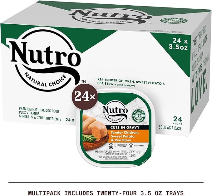 NUTRO Adult Natural Grain Free Wet Dog Food Cuts in Gravy Tender Chicken, Sweet Potato & Pea Stew Recipe, 3.5 oz. Trays (Pack of 24)