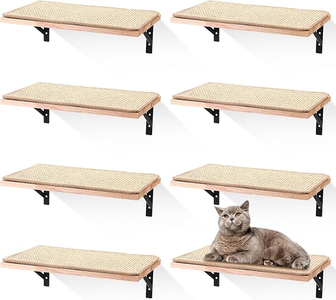 4 Pcs Floating Cat Wall Shelves with Cat Scratching Mat Wooden Cat Perches Indoor Cat Activity Wall Furniture Cats Climbing Steps Kitten Wall Mounted for Climbing Playing Scratching Perching