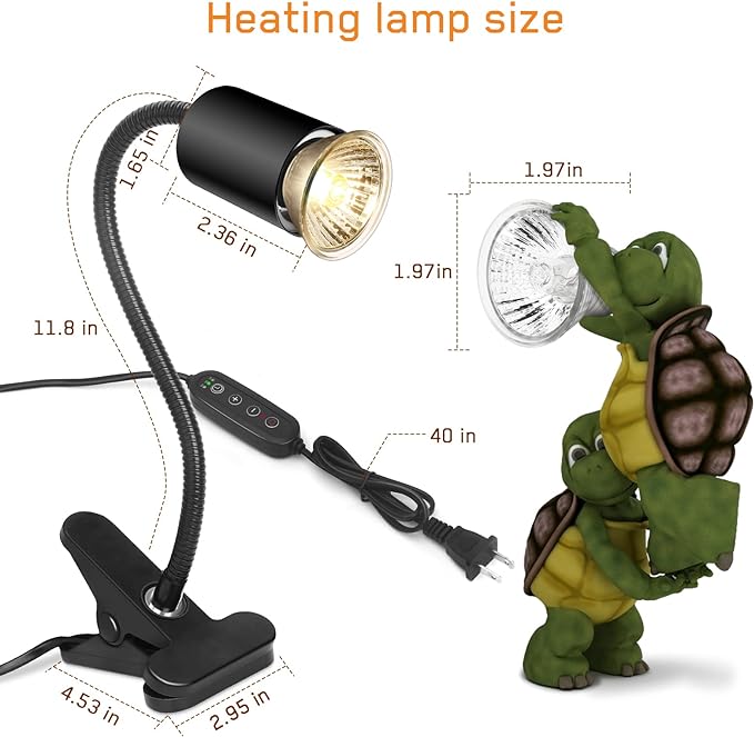 Reptile Heat Lamp,Timed Heating Lamp with Clamp, Adjustable Habitat Basking Heat Lamp,UVA/UVB Light Lamp 360° Rotatable Clip and Power Adapter for Aquarium(Bulb Included)