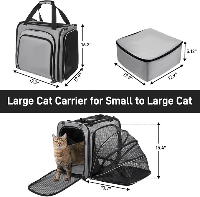 Cat Travel Carrier with Litter Box for Car, Expandable Cat Carrier with Leak-Proof Litter Box for Car Travel, up to 20 lb to Road Trip, Camping, or Hotel, Grey