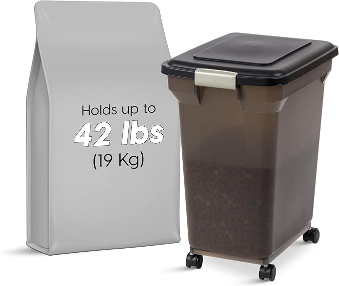 IRIS USA WeatherPro Airtight Dog Food Storage Container, Up to 42 lbs, Attachable Wheels, For Dog Cat Bird and Other Pet Food Storage Bin, Keep Fresh, Easy Mobility, BPA Free, Smoke/Black