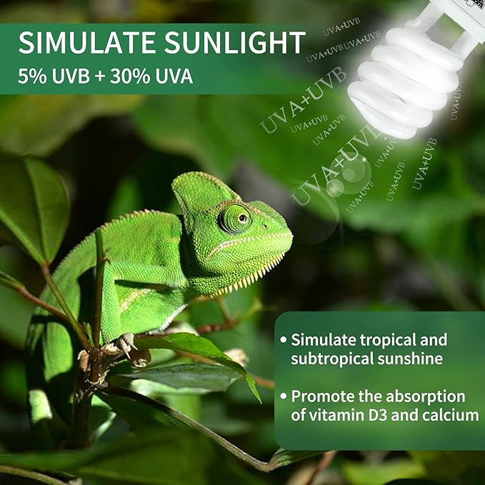 LUCKY HERP 2 Pack UVA UVB Reptile Light, 15W 5.0 UVB Bulb for Tropical and Sub Tropical Reptiles, Compact Fluorescent Terrarium Lamp, Reptile UVB Bulb for Chameleons, Lizard, Turtle