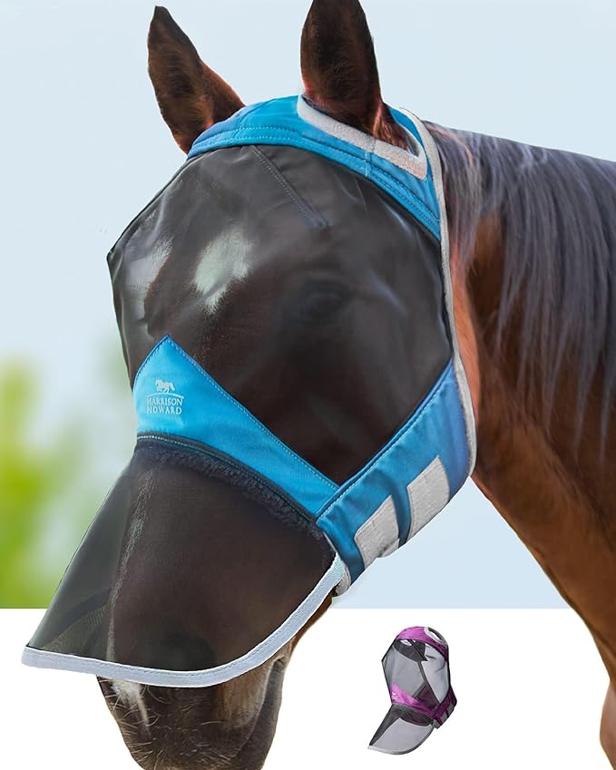 Harrison Howard CareMaster Pro Luminous Horse Fly Mask Large Eye Space Full Face Standard with Nose No Ears Voodoo Blue Extra Full Size