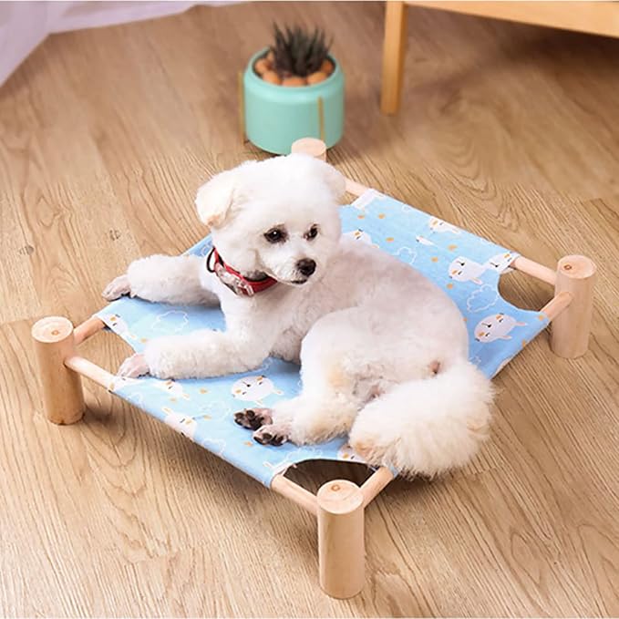 Pozico Cat/Dog Bed Hammock Cat Bed, Wooden Dog Elevated Indoor Outdoor Beds, Raised Cat Cots Furniture Pet Bed Puppy Bed Portable Breathable Mesh Cat Beds for Small Animals-Blue Rabbit