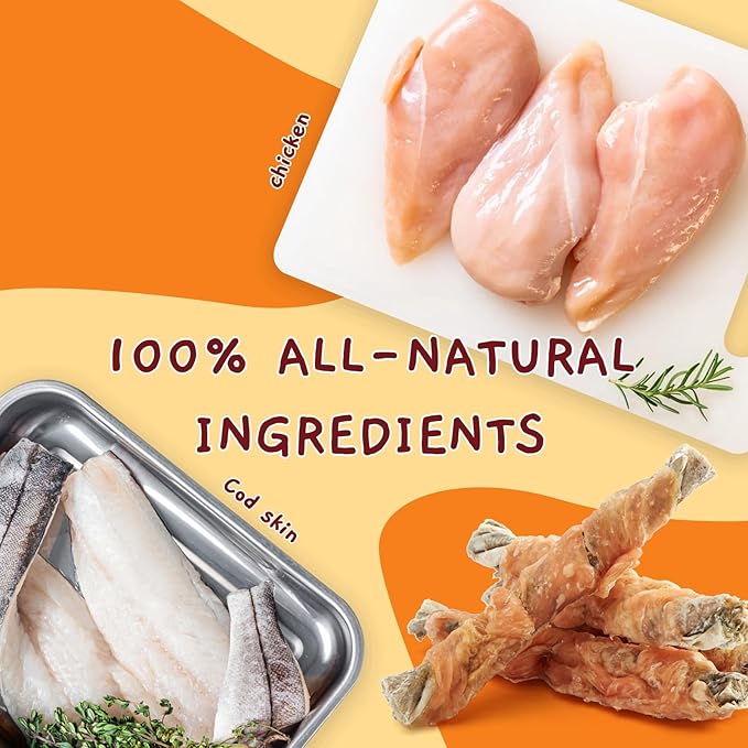 Jungle Calling Dog Treats, High Protein Dog Chewy Treats Healthy Teeth and Coat, Chicken Wrapped Cod Skin Sticks, Rawhide Free Cod Fish Skin Treats for Dogs, 10.6 oz